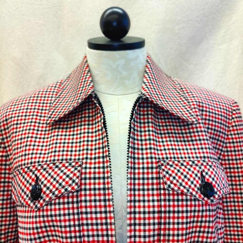 Georgiou Studio Red Black White Check Pattern Cropped Jacket - Size 4 - Picture 2 of 11